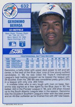 1989 Score #632 Geronimo Berroa Back