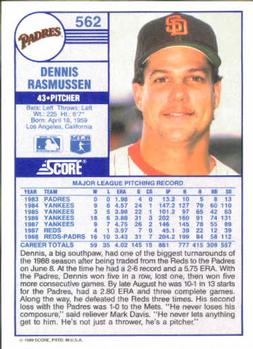 1989 Score #562 Dennis Rasmussen Back