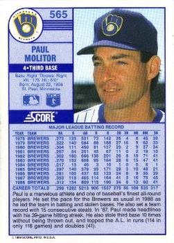 1989 Score #565 Paul Molitor Back