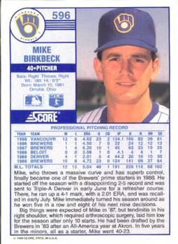 1989 Score #596 Mike Birkbeck Back