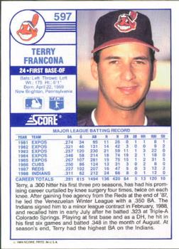 1989 Score #597 Terry Francona Back