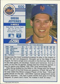 1989 Score #600 Gregg Jefferies Back