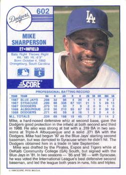 1989 Score #602 Mike Sharperson Back