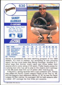 1989 Score #630 Sandy Alomar Back