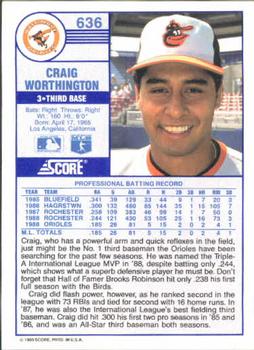 1989 Score #636 Craig Worthington Back