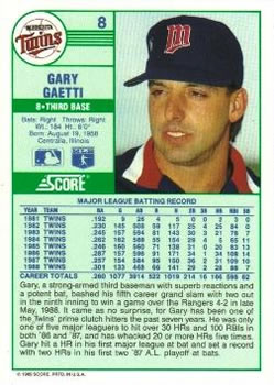 1989 Score #8 Gary Gaetti Back