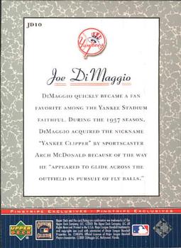 2001 Upper Deck Decade 1970's - Pinstripe Exclusives Joe DiMaggio #JD10 Joe DiMaggio  Back