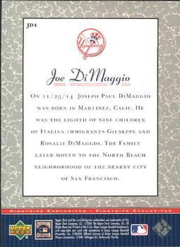 2001 Upper Deck Decade 1970's - Pinstripe Exclusives Joe DiMaggio #JD1 Joe DiMaggio  Back