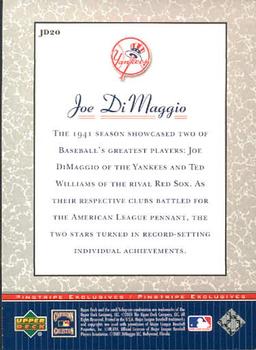 2001 Upper Deck Decade 1970's - Pinstripe Exclusives Joe DiMaggio #JD20 Joe DiMaggio  Back