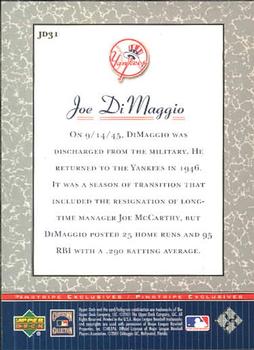 2001 Upper Deck Decade 1970's - Pinstripe Exclusives Joe DiMaggio #JD31 Joe DiMaggio  Back
