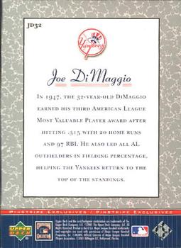 2001 Upper Deck Decade 1970's - Pinstripe Exclusives Joe DiMaggio #JD32 Joe DiMaggio  Back
