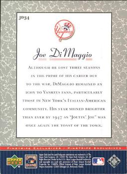 2001 Upper Deck Decade 1970's - Pinstripe Exclusives Joe DiMaggio #JD34 Joe DiMaggio  Back