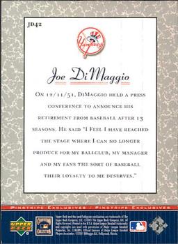 2001 Upper Deck Decade 1970's - Pinstripe Exclusives Joe DiMaggio #JD42 Joe DiMaggio  Back