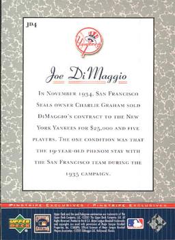 2001 Upper Deck Decade 1970's - Pinstripe Exclusives Joe DiMaggio #JD4 Joe DiMaggio  Back