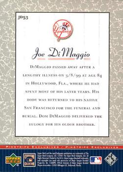 2001 Upper Deck Decade 1970's - Pinstripe Exclusives Joe DiMaggio #JD53 Joe DiMaggio  Back