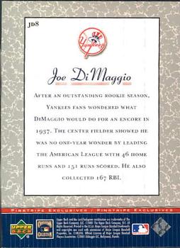 2001 Upper Deck Decade 1970's - Pinstripe Exclusives Joe DiMaggio #JD8 Joe DiMaggio  Back