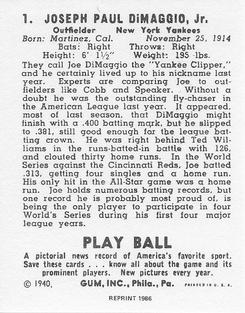 1986 1940 Play Ball (Reprint) #1 Joe DiMaggio Back