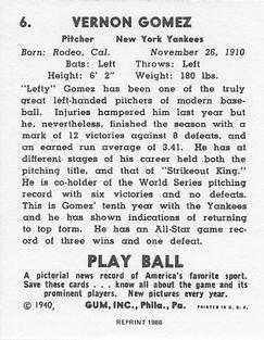 1986 1940 Play Ball (Reprint) #6 Lefty Gomez Back