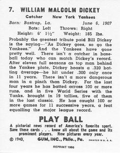1986 1940 Play Ball (Reprint) #7 Bill Dickey Back