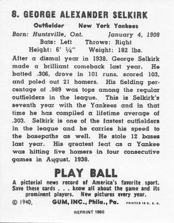 1986 1940 Play Ball (Reprint) #8 George Selkirk Back