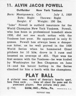 1986 1940 Play Ball (Reprint) #11 Jake Powell Back