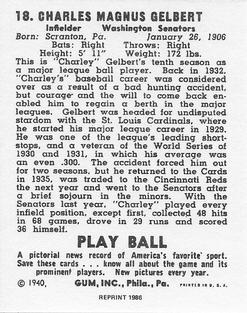 1986 1940 Play Ball (Reprint) #18 Charley Gelbert Back