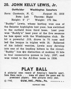 1986 1940 Play Ball (Reprint) #20 Buddy Lewis Back
