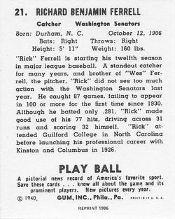 1986 1940 Play Ball (Reprint) #21 Rick Ferrell Back
