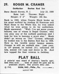 1986 1940 Play Ball (Reprint) #29 Doc Cramer Back