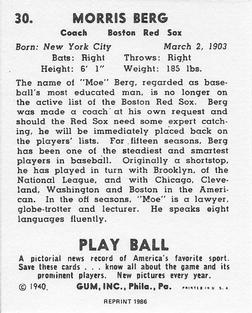 1986 1940 Play Ball (Reprint) #30 Moe Berg Back