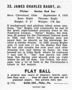 1986 1940 Play Ball (Reprint) #32 Jim Bagby Back