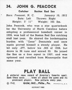 1986 1940 Play Ball (Reprint) #34 John Peacock Back