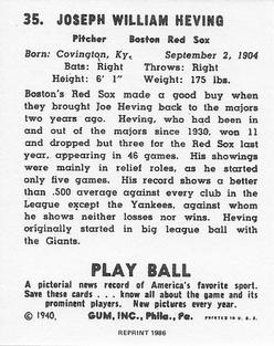 1986 1940 Play Ball (Reprint) #35 Joe Heving Back