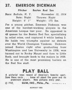1986 1940 Play Ball (Reprint) #37 Emerson Dickman Back