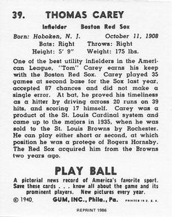 1986 1940 Play Ball (Reprint) #39 Tom Carey Back