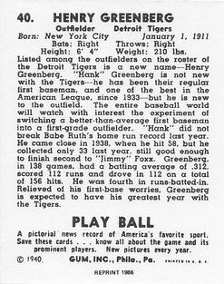 1986 1940 Play Ball (Reprint) #40 Hank Greenberg Back