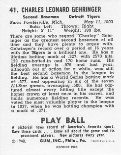 1986 1940 Play Ball (Reprint) #41 Charlie Gehringer Back