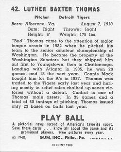 1986 1940 Play Ball (Reprint) #42 Bud Thomas Back