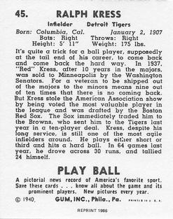 1986 1940 Play Ball (Reprint) #45 Red Kress Back
