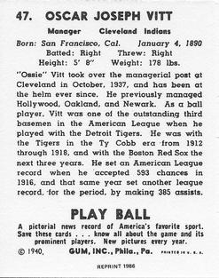 1986 1940 Play Ball (Reprint) #47 Ossie Vitt Back