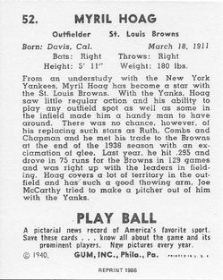 1986 1940 Play Ball (Reprint) #52 Myril Hoag Back