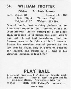 1986 1940 Play Ball (Reprint) #54 Bill Trotter Back