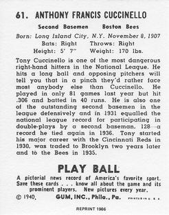 1986 1940 Play Ball (Reprint) #61 Tony Cuccinello Back