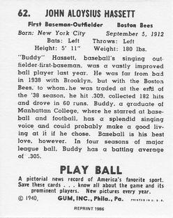 1986 1940 Play Ball (Reprint) #62 Buddy Hassett Back