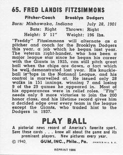 1986 1940 Play Ball (Reprint) #65 Freddie Fitzsimmons Back