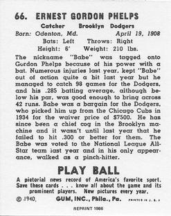 1986 1940 Play Ball (Reprint) #66 Babe Phelps Back
