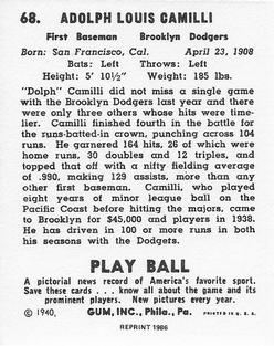 1986 1940 Play Ball (Reprint) #68 Dolph Camilli Back