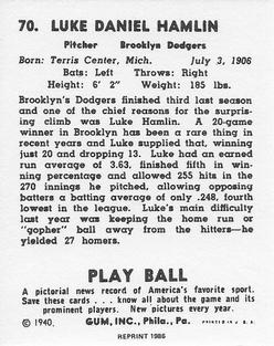 1986 1940 Play Ball (Reprint) #70 Luke Hamlin Back