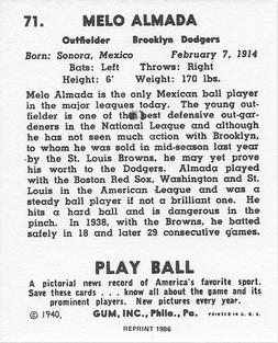 1986 1940 Play Ball (Reprint) #71 Mel Almada Back