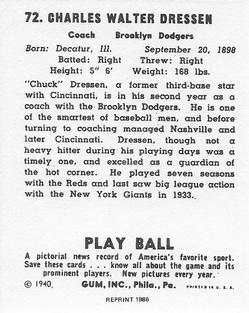 1986 1940 Play Ball (Reprint) #72 Chuck Dressen Back
